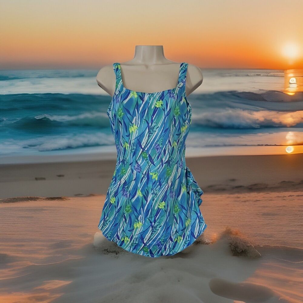 Maxine Of Hollywood Blue Green Tropical Floral Front Skirted Swimsuit 18 READ